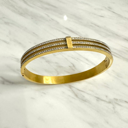 Bracelet jonc en acier inoxydable doré – Triple rangée de strass