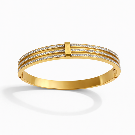 Bracelet jonc en acier inoxydable doré – Triple rangée de strass