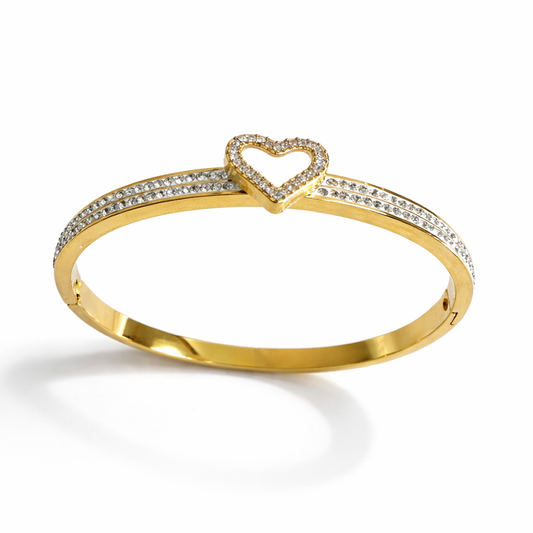 Bracelet jonc en acier inoxydable doré – Cœur strass